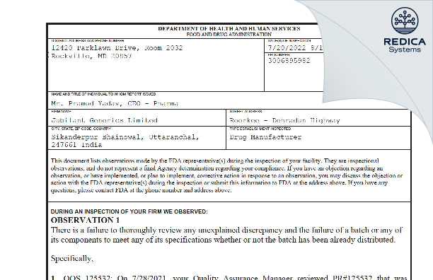 FDA 483 - Jubilant Generics Limited [- / India] - Download PDF - Redica Systems