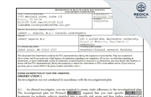 FDA 483 - Robert Hayashi M.D [Saint Louis / United States of America] - Download PDF - Redica Systems