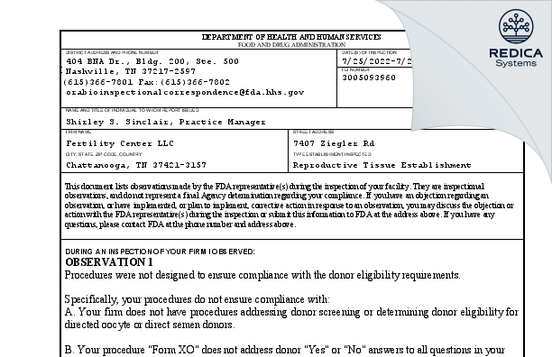 FDA 483 - Fertility Center LLC [Chattanooga / United States of America] - Download PDF - Redica Systems