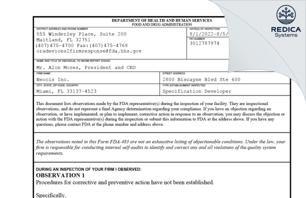 FDA 483 - Neocis Inc. [Miami / United States of America] - Download PDF - Redica Systems