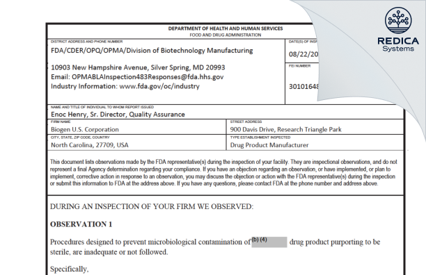 FDA 483 - Biogen U.S. Corporation [Research Triangle Park / United States of America] - Download PDF - Redica Systems
