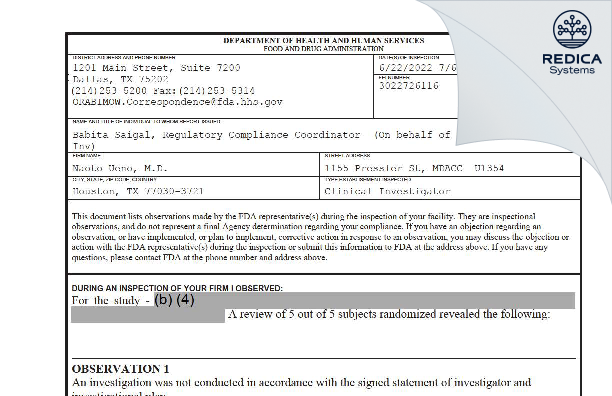 FDA 483 - Naoto Ueno, M.D. [Houston / United States of America] - Download PDF - Redica Systems