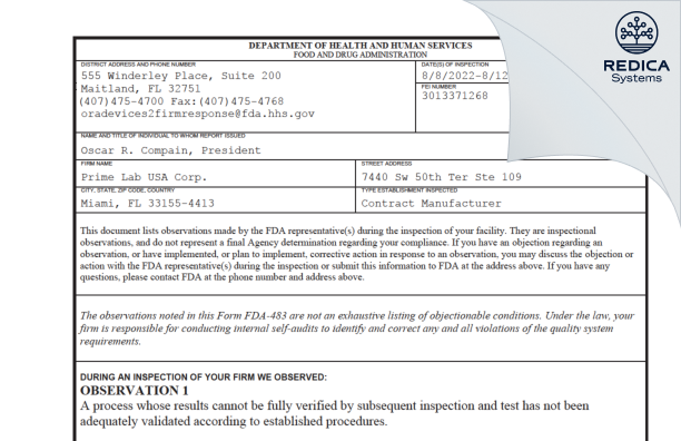FDA 483 - Biodominium Diagnostics [Miami / United States of America] - Download PDF - Redica Systems