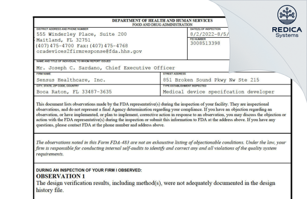 FDA 483 - Sensus Healthcare, Inc. [Boca Raton / United States of America] - Download PDF - Redica Systems