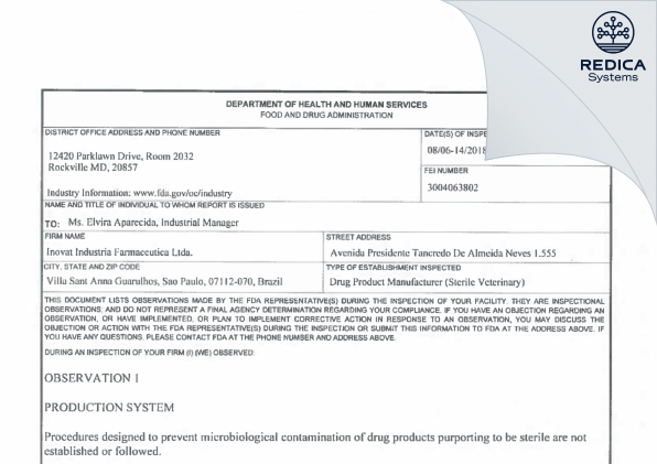 FDA 483 - INOVAT Industria Farmaceutica LTDA. [Brazil / Brazil] - Download PDF - Redica Systems