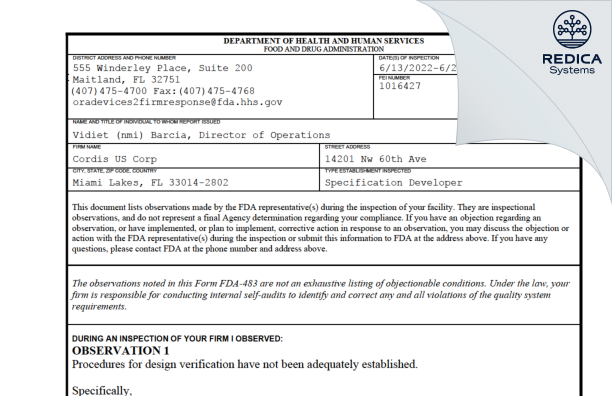 FDA 483 - Cordis US Corp [Miami Lakes / United States of America] - Download PDF - Redica Systems