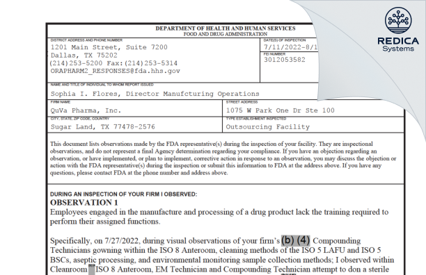 FDA 483 - QuVa Pharma, Inc. [Sugar Land / United States of America] - Download PDF - Redica Systems