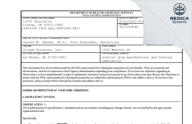 FDA 483 - Gilead Sciences, Inc. [La Verne California / United States of America] - Download PDF - Redica Systems