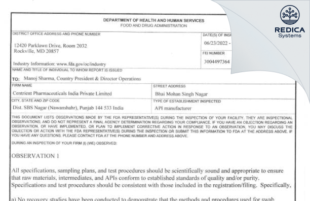 FDA 483 - CENTRIENT PHARMACEUTICALS INDIA PRIVATE LIMITED [India / India] - Download PDF - Redica Systems