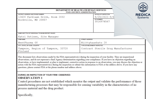 FDA 483 - NextPharma Oy [Tampere Tampere / Finland] - Download PDF - Redica Systems