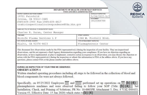 FDA 483 - BioLife Plasma Services L P [Rialto / United States of America] - Download PDF - Redica Systems