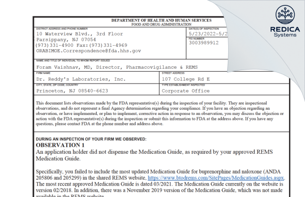 FDA 483 - Dr. Reddy's Laboratories, Inc. [Princeton / United States of America] - Download PDF - Redica Systems