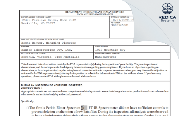 FDA 483 - Baxter Laboratories Pty. Ltd. [- / Australia] - Download PDF - Redica Systems