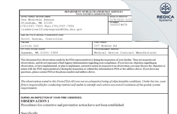 FDA 483 - Litron LLC [Agawam / United States of America] - Download PDF - Redica Systems