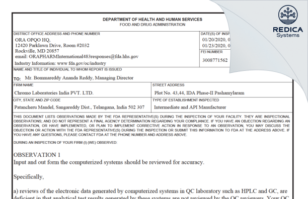 FDA 483 - Chromo Laboratories India Private Limited [India / India] - Download PDF - Redica Systems