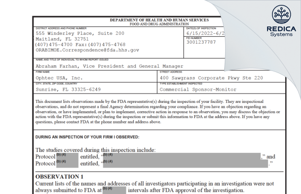 FDA 483 - Ophtec USA, Inc. [Sunrise / United States of America] - Download PDF - Redica Systems