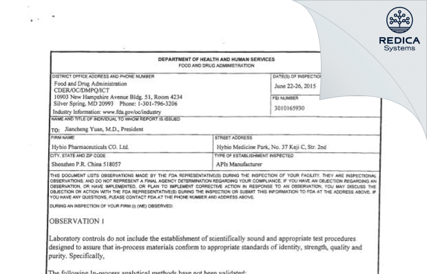 FDA 483 - Hybio Pharmaceutical Co. Ltd [China / China] - Download PDF - Redica Systems