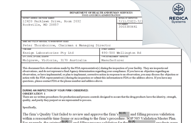 FDA 483 - Ensign Laboratories Proprietary Limited [- / Australia] - Download PDF - Redica Systems