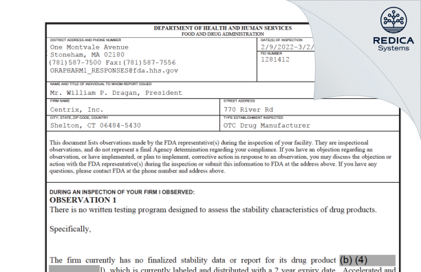 FDA 483 - Centrix Inc [Shelton Connecticut / United States of America] - Download PDF - Redica Systems