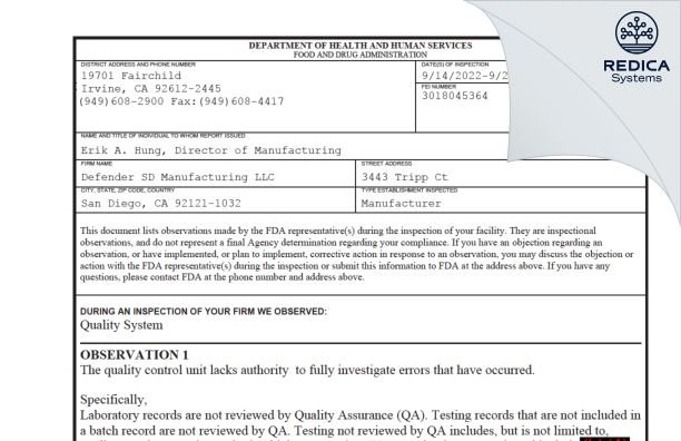 FDA 483 - Defender SD Manufacturing LLC [San Diego / -] - Download PDF - Redica Systems