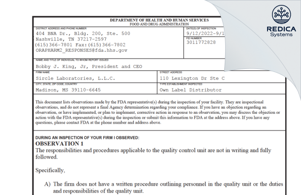 FDA 483 - Sircle Laboratories, L.L.C. [Madison / United States of America] - Download PDF - Redica Systems