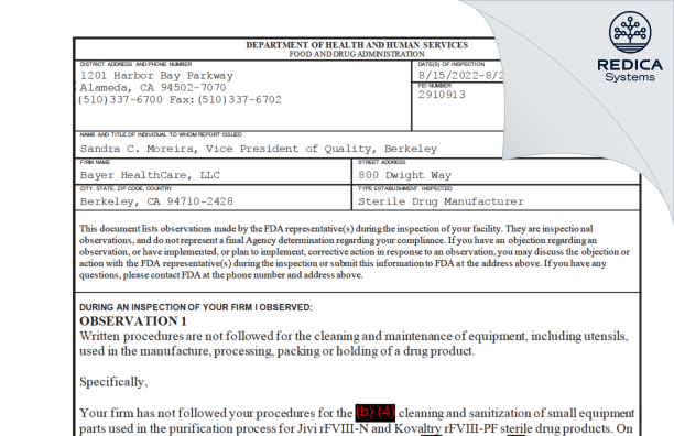 FDA 483 - Bayer HealthCare LLC [Berkeley California / United States of America] - Download PDF - Redica Systems