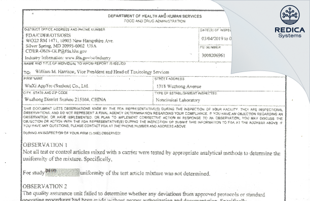 FDA 483 - Wuxi Apptec Suzhou Co.,Ltd [Suzhou / China] - Download PDF - Redica Systems