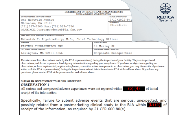 FDA 483 - PARTNER THERAPEUTICS INC [Lexington / United States of America] - Download PDF - Redica Systems