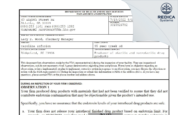 FDA 483 - Carolina Infusion [Ridgeland / United States of America] - Download PDF - Redica Systems