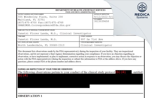FDA 483 - Yanetsi Flores Landa, M.D. [North Lauderdale / United States of America] - Download PDF - Redica Systems