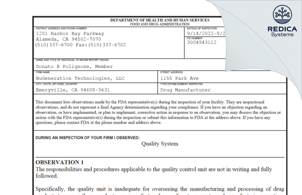 FDA 483 - NuGenTec [Emeryville California / United States of America] - Download PDF - Redica Systems