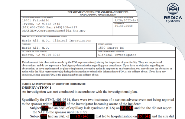 FDA 483 - Haris Ali, M.D. [Duarte / United States of America] - Download PDF - Redica Systems