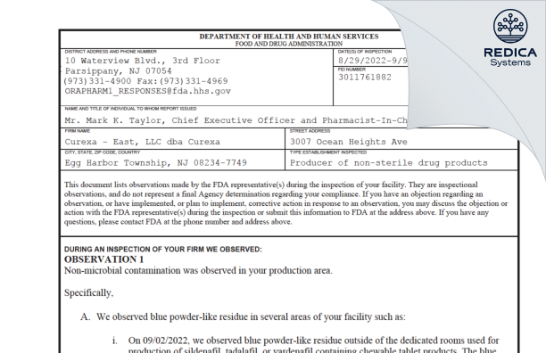 FDA 483 - Curexa - East, LLC dba Curexa [Harbor Township / United States of America] - Download PDF - Redica Systems