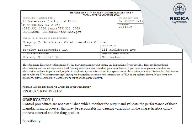 FDA 483 - Bentley Laboratories, LLC [Jersey / United States of America] - Download PDF - Redica Systems