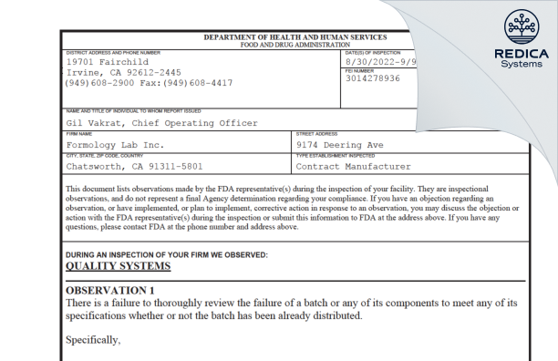 FDA 483 - Formology Lab Inc. [California / United States of America] - Download PDF - Redica Systems