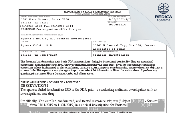 FDA 483 - Tyrone McCall, M.D. [Dallas / United States of America] - Download PDF - Redica Systems