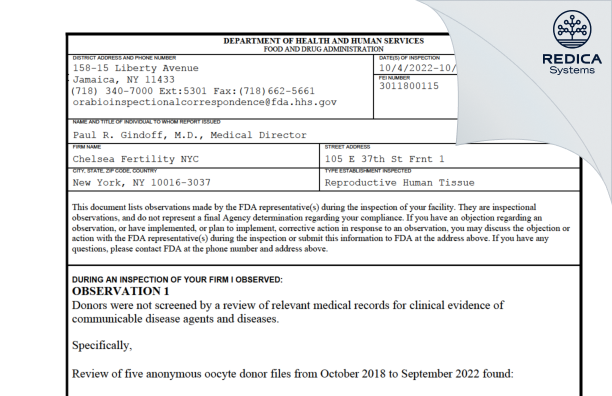 FDA 483 - Chelsea Fertility NYC [New York / United States of America] - Download PDF - Redica Systems