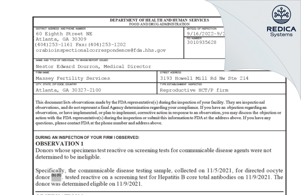 FDA 483 - Massey Fertility Services [Atlanta / United States of America] - Download PDF - Redica Systems
