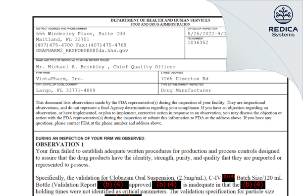 FDA 483 - VistaPharm, LLC [Largo / United States of America] - Download PDF - Redica Systems