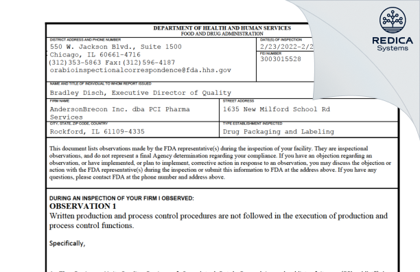 FDA 483 - ANDERSONBRECON INC. [Rockford / United States of America] - Download PDF - Redica Systems