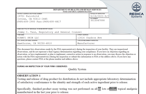 FDA 483 - RINATI SKIN LLC [Hawthorne / United States of America] - Download PDF - Redica Systems