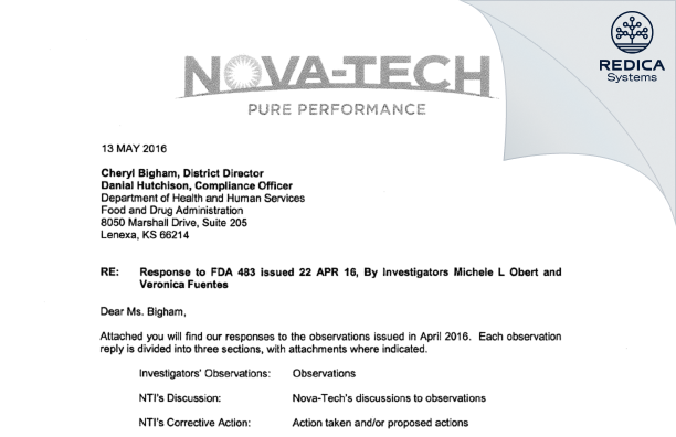 FDA 483 Response - Nova-Tech, Inc. [Grand Island / United States of America] - Download PDF - Redica Systems