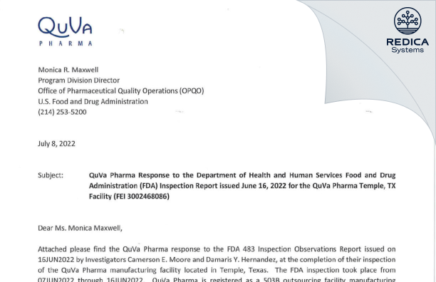 FDA 483 Response - QuVa Pharma, Inc. [Temple / United States of America] - Download PDF - Redica Systems