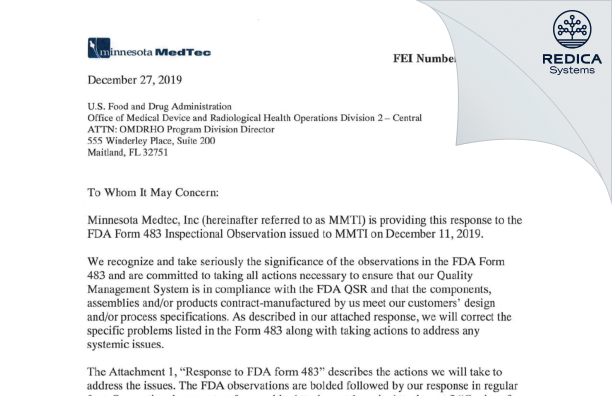 FDA 483 Response - Minnesota MedTec, Inc. [Maple Grove / United States of America] - Download PDF - Redica Systems