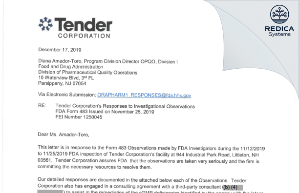 FDA 483 Response - Tender Corporation [Littleton / United States of America] - Download PDF - Redica Systems
