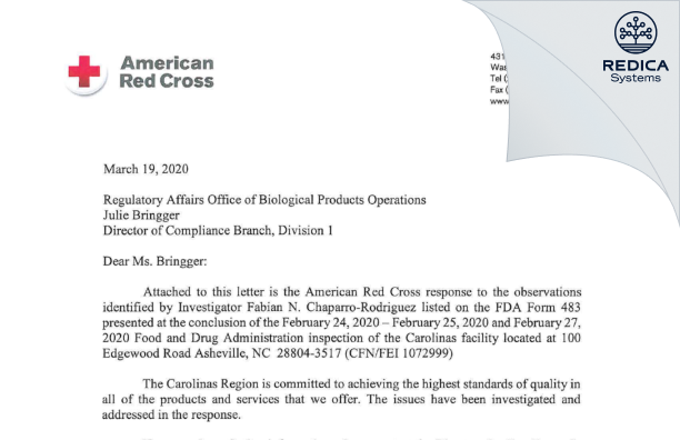FDA 483 Response - American Red Cross Blood Svcs [Asheville / United States of America] - Download PDF - Redica Systems