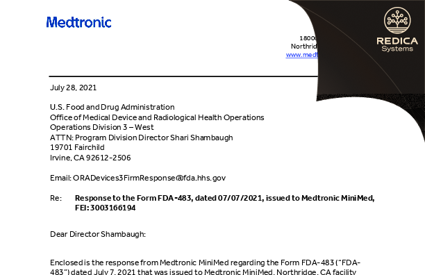 FDA 483 Response - Medtronic MiniMed, Inc. [Northridge / United States of America] - Download PDF - Redica Systems