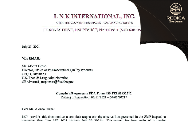 FDA 483 Response - LNK International, Inc. [Hauppauge New York / United States of America] - Download PDF - Redica Systems