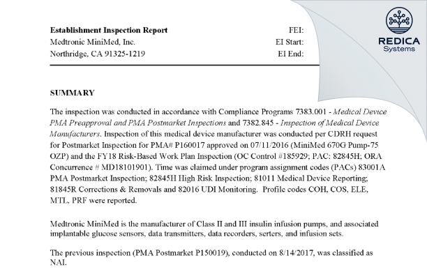 EIR - Medtronic MiniMed, Inc. [Northridge / United States of America] - Download PDF - Redica Systems