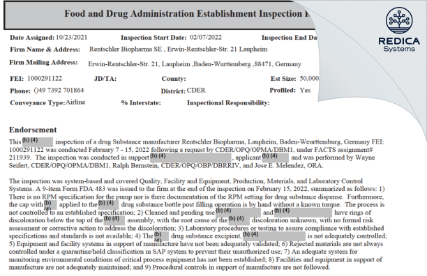 EIR - Rentschler Biopharma SE [Laupheim / Germany] - Download PDF - Redica Systems
